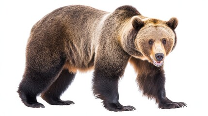Obraz premium A majestic brown bear standing confidently on a white background, showcasing its powerful stance and natural beauty
