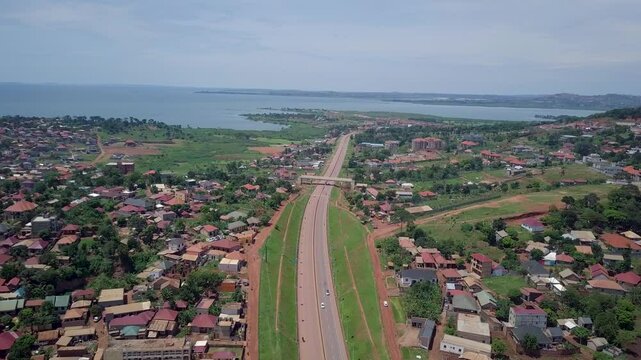 Chinese-built Kampala-Entebbe Expressway In Uganda, Kampala Southern Bypass Highway, Africa. Aerial Drone Shot