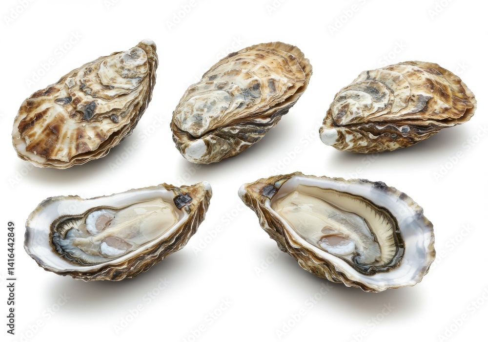 Poster a close up view of five oysters on a white background with three closed and two open shells shown
