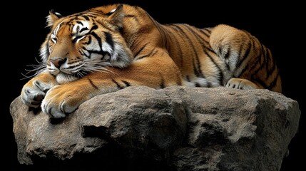 Naklejka premium Majestic bengal tiger resting on a rocky outcrop in a dramatic lighting creating a striking and powerful visual narrative animalian elegance