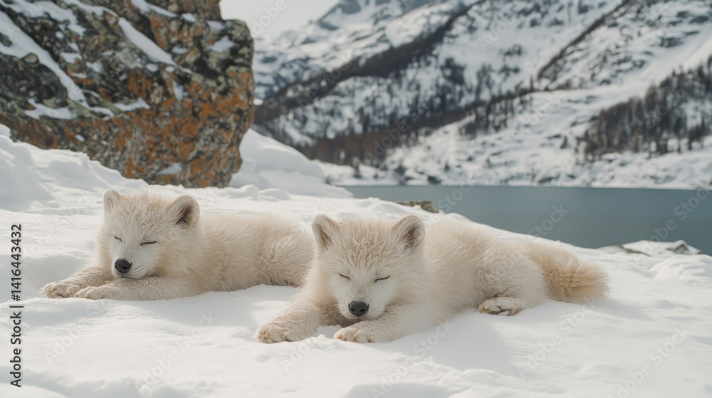 Poster serene arctic foxes basking under soft snowfall with majestic mountain backdrop creating a captivati