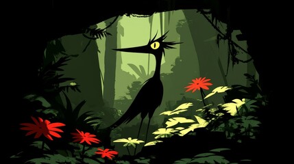 Retro pixel art landscape featuring a mysterious dark bird among stylized tropical foliage creating a nostalgic gaming vibe scene and adventure