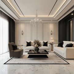 Elegant Modern Living Room with White Sofas and Chandelier
