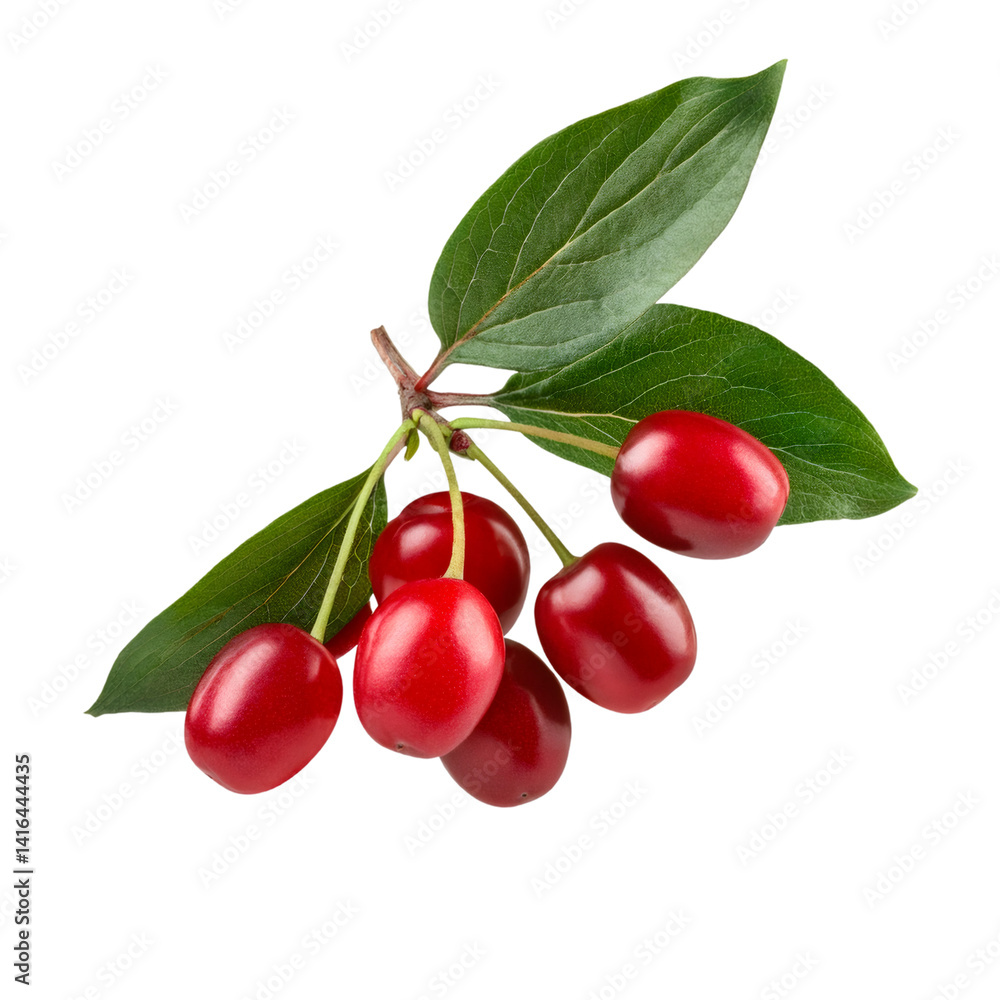 Poster ripe cornelian cherries dangling from leafy branch, isolated against transparent background with pre