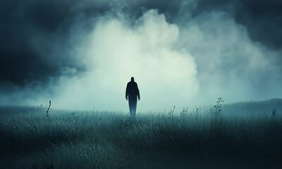 background of a foggy field with a ghostly figure standing in the distance, under a dark sky - Powered by Adobe