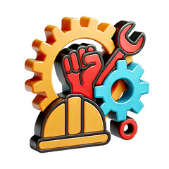 Illustration of a May Day labor icon featuring a raised red fist of worker strength, surrounded by yellow and blue gears, a hard hat, and a wrench on a clean background