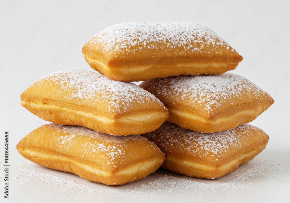 Poster a stack of four beignets covered in powdered sugar on a white surface in a well lit environment