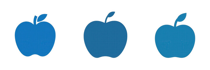 Three stylized blue apples arranged in a row against a simple background, ideal for food-related graphics or healthy lifestyle themes isolated on white or transparent png