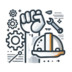 Illustration of a raised fist, safety helmet, gears, and wrench. A modern symbol of May Day and labor movement with industry elements, perfect for workers' rights themes.