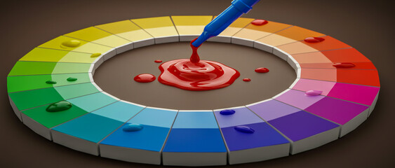 Painting of a circular color mixing palette featuring vibrant primary and secondary colors arranged around the edge
