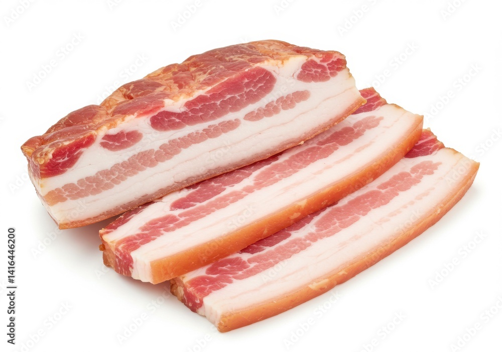 Poster close up of three slices of bacon stacked on top of each other on a white background surface view fo