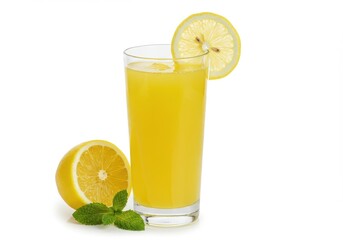 Fototapeta premium A glass of yellow juice with a lemon slice and mint leaves on a white background is displayed here