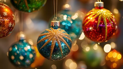 Vintage Christmas ornaments hanging in a shop