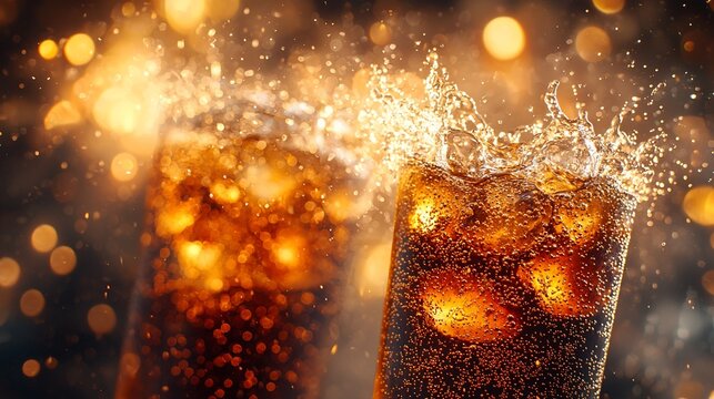 Refreshing cola drinks with ice and splashes