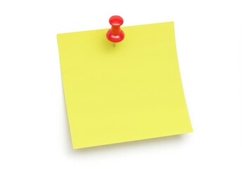 A yellow sticky note attached to a white surface with a red push pin in the upper center area