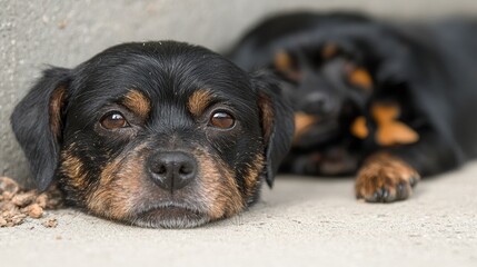 Fototapeta premium IntimatePortraitofTwoRottweilersRestingPeacefullysidebySideFocusingontheDetailsandTexturesoftheirCoatsandExpressiveFacesCapturingtheEssenceofCanineCompanionship