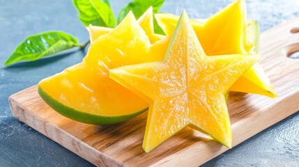 Star Fruit Slices on Wooden Board - Juicy star fruit slices arranged on a rustic wooden cutting board, symbolizing freshness, health, tropical flavors, vibrant colors, and natural goodness