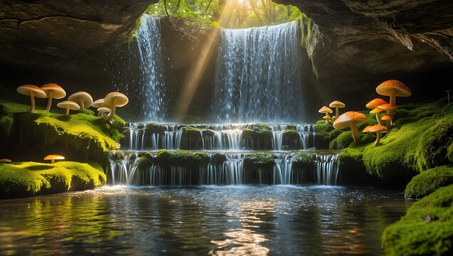 Waterfall with Mushrooms and Mossy Rocks in Grotto
