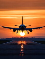 Fototapeta premium Sunset Airplane Landing - Airplane silhouetted against a vibrant sunset, landing on a runway. A perfect for travel, aviation, and transportation themes