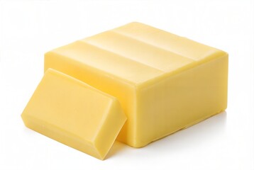 Close Up of Freshly Cut Butter Block on White Background