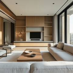 Modern Living Room with Minimalist Design and Wooden Accents