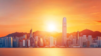 Obraz premium Vibrant Cityscape Sunset - Stunning panoramic view of a city skyline at sunset, with skyscrapers silhouetted against a fiery orange sky