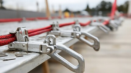 Detailed metal scaffolding platform with red safety ropes ensuring security