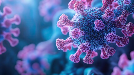 Respiratory Syncytial Virus (RSV) in a respiratory tract setting, shown with hues of blue and purple to represent the airway.