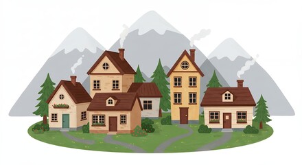 Charming village houses illustration mountain background