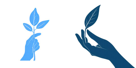 Obraz premium Two hands gently holding green leaves, symbolizing nature and growth, set against a minimalist background, ideal for environmental themes isolated on white or transparent png