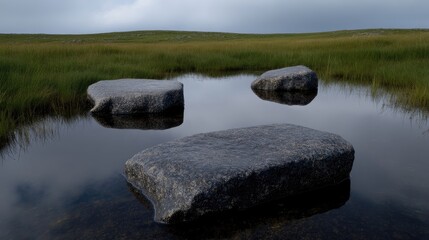 Naklejka premium Calm stones in a tranquil bog