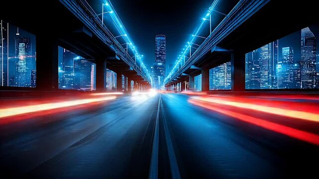 Night Cityscape: Elevated Highway with Light Trails