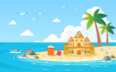 Obraz premium Summer Seaside Flat Illustration with Sandcastle and Ocean View