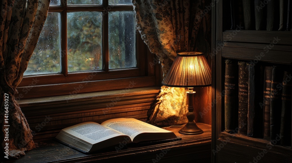 Aufkleber cozy corner with single dim light illuminating an open book near a window framed by curtains and sur