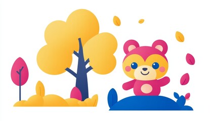 Pixelated Autumnal Adventure Whimsical Bear Cub Near Golden Tree Falling Leaves Vector Graphic Perfect for Seasonal Greetings and Kid Themed Designs