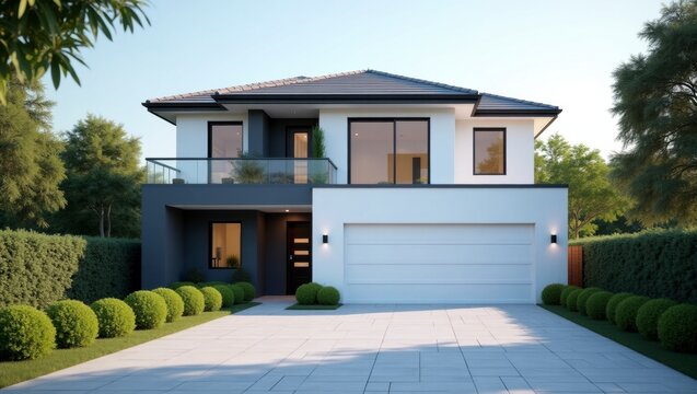 Surreal and vibrant cinematic photo of a contemporary two-story house surrounded by lush greenery and bright skies