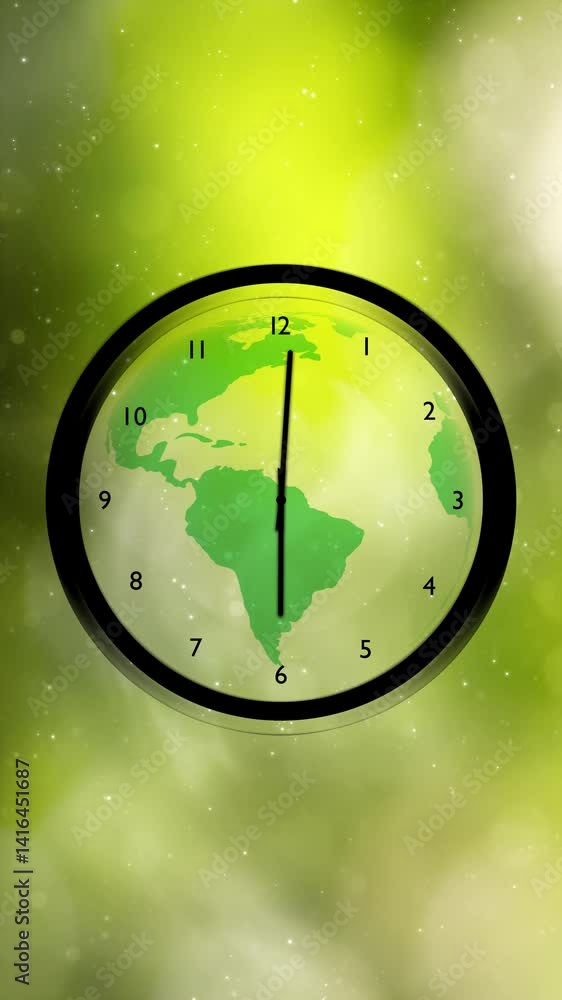 Poster loop analog time clock with earth planet rotation on sunny green blurred nature bokeh vertical anima
