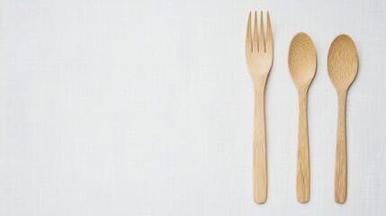 A minimalist arrangement of wooden utensils: a fork and two spoons, set against a textured light background.