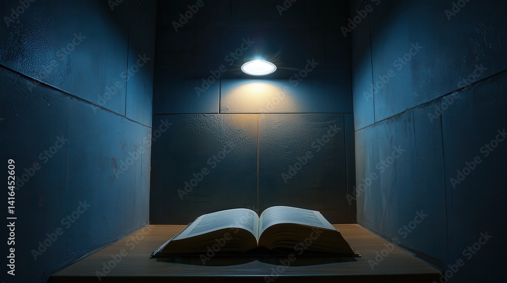 Poster cozy corner with dim light illuminating a single open book on a wooden table in a shadows emphasizin