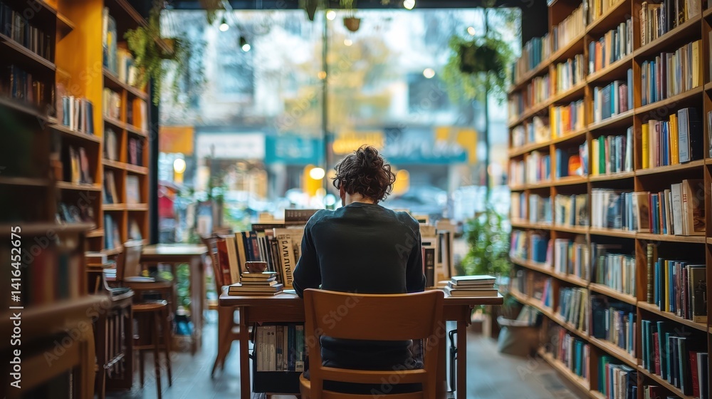 Poster cozy reading in a rustic cafe with wooden tables and bookshelves there is a person enjoying a book i