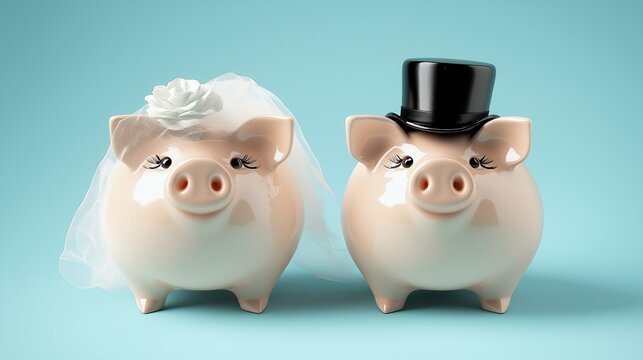 Two charming piggy banks dressed for a wedding, showcasing a fun and whimsical take on saving for the future together. Perfect for financial themes and love stories.