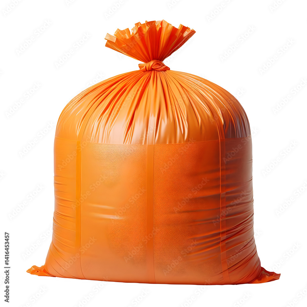 Poster full large orange industrial strength trash bag tied and isolated on a transparent background with c