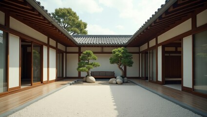 Captivating japanese style house surrounded by nature in a vibrant setting with lush greenery and artistic design