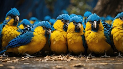 A vivid image featuring a bright yellow bird standing out among a large group of uniformly colored blue birds.