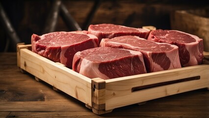 A wooden tray filled with various cuts of fresh meat,