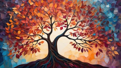 a tree with colorful leaves on a white background with the words