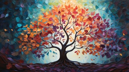 a tree with colorful leaves on a white background with the words
