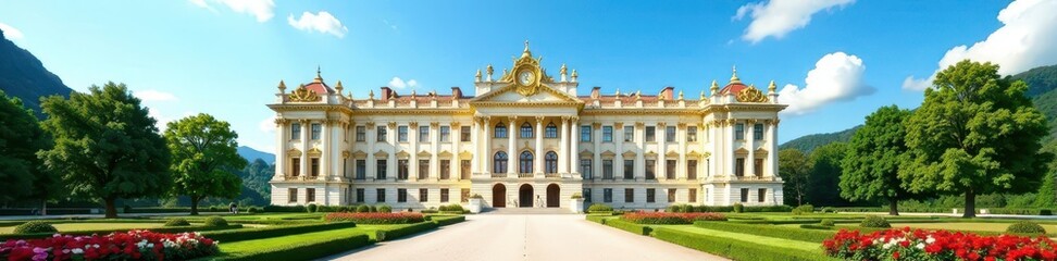 Fototapeta premium Grand palace facade, blue sky, lush landscaping, majestic, scene
