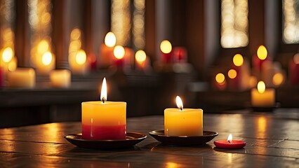 A row of lit candles in varying sizes is placed in front of a blurred background