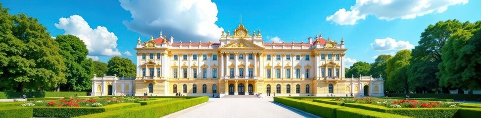 Fototapeta premium Grand palace facade, blue sky, lush landscaping, brick, picturesque, front